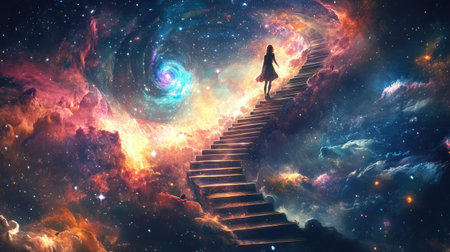 Woman on a staircase that leads into the stars, surrounded by cosmic light and galaxies, representing a transcendental journey towards the infinite.の素材