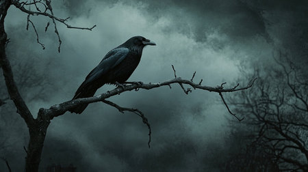 Dark sky looms as a crow rests on a barren branch, symbolizing death and desolation, set against a moody, foreboding background.の素材
