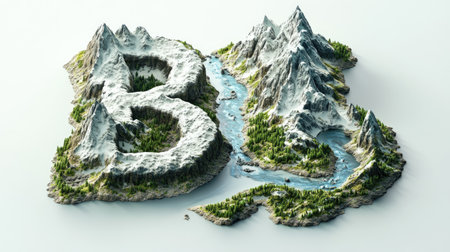 A stylized "B" takes the form of twin mountain ranges with a river winding between them, creating a visual illusion on a crisp white backdrop.の素材
