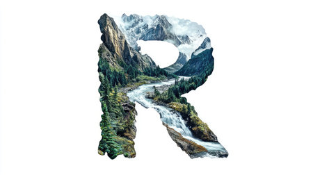 The letter "R" appears as a mountain with a flowing river cutting through its center, creating an illusion of a natural landscape, all set against a clean white background.の素材