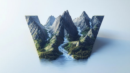 The letter "W" appears as a mountain with a flowing river cutting through its center, creating an illusion of a natural landscape, all set against a clean white background.の素材