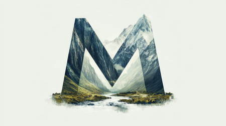 The letter "M" appears as a mountain with a flowing river cutting through its center, creating an illusion of a natural landscape, all set against a clean white background.の素材