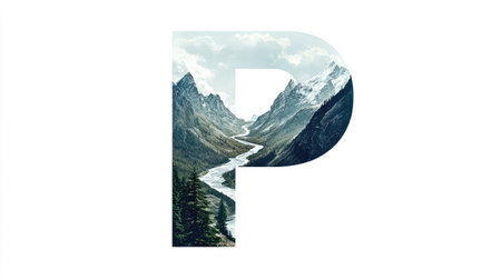 The letter "P" appears as a mountain with a flowing river cutting through its center, creating an illusion of a natural landscape, all set against a clean white background.の素材