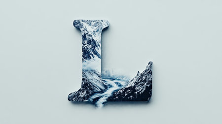 The letter "L" appears as a mountain with a flowing river cutting through its center, creating an illusion of a natural landscape, all set against a clean white background.の素材