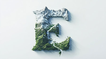 The letter "E" appears as a mountain with a flowing river cutting through its center, creating an illusion of a natural landscape, all set against a clean white background.の素材