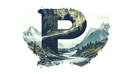 The letter "P" appears as a mountain with a flowing river cutting through its center, creating an illusion of a natural landscape, all set against a clean white background.の素材
