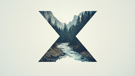 The letter "X" appears as a mountain with a flowing river cutting through its center, creating an illusion of a natural landscape, all set against a clean white background.の素材