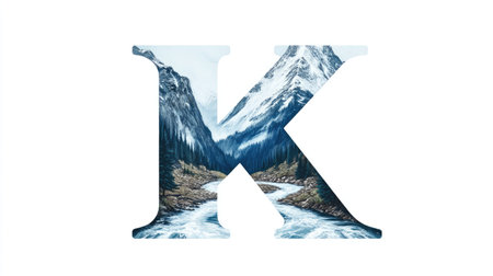 The letter "K" appears as a mountain with a flowing river cutting through its center, creating an illusion of a natural landscape, all set against a clean white background.の素材