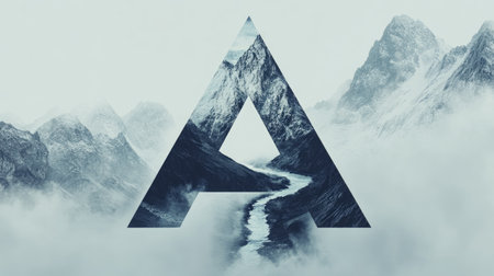 The letter "A" appears as a mountain with a flowing river cutting through its center, creating an illusion of a natural landscape, all set against a clean white backgroundの素材