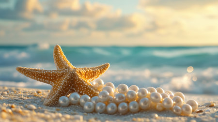 A close-up of a starfish resting beside white pearls on a sandy beach, with the ocean in the background. The tranquil setting highlights themes of relaxation and coastal charm.の素材