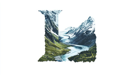 The letter "L" appears as a mountain with a flowing river cutting through its center, creating an illusion of a natural landscape, all set against a clean white background.の素材