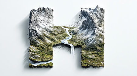 The letter "H" appears as a mountain with a flowing river cutting through its center, creating an illusion of a natural landscape, all set against a clean white background.の素材