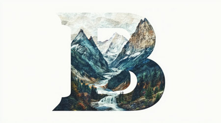 The letter "B" is creatively shaped like two mountain peaks with a river cascading through the middle, forming an abstract landscape against a white background.の素材
