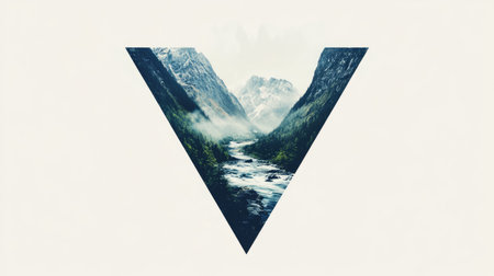 The letter "V" appears as a mountain with a flowing river cutting through its center, creating an illusion of a natural landscape, all set against a clean white background.の素材