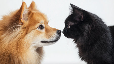 A close-up shot of a cheerful Icelandic Sheepdog and an affectionate black cat, showcasing their friendly relationship in a clean studio setting.の素材
