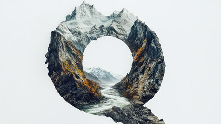 The letter "Q" appears as a mountain with a flowing river cutting through its center, creating an illusion of a natural landscape, all set against a clean white background.の素材