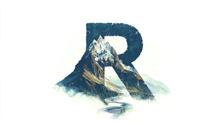 The letter "R" appears as a mountain with a flowing river cutting through its center, creating an illusion of a natural landscape, all set against a clean white background.の素材