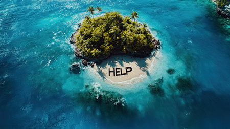 A high-angle view of a small, deserted island with "HELP" etched into the sand, surrounded by blue ocean water, conveying themes of hope, survival, and rescue.の素材