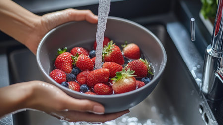 A close-up of a womanac hands holding a gray bowl filled with strawberries and berries under running water at the kitchen sink, showcasing the importance of washing healthy fruits before eating.の素材