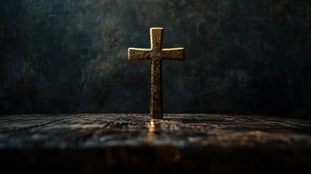 A detailed image of a golden Christian cross, placed on a rustic wooden table against a dark backdrop. The composition emphasizes the cross as a powerful symbol of faith and redemptionの素材