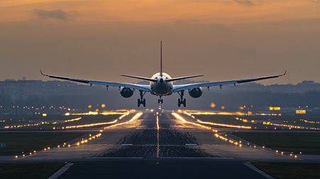 A dramatic view of an airplane flying into the air from the runway at twilight, highlighting the power and speed of modern air travel. The image captures the essence of departure and the promise of new experiences.の素材