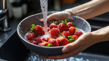 A close-up of a womanac hands holding a gray bowl filled with strawberries and berries under running water at the kitchen sink, showcasing the importance of washing healthy fruits before eating.の素材