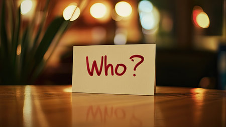 A close-up of a paper note with the question "Who?" written in red, sitting on a table. The image raises questions of identity, responsibility, and decision-making, perfect for communication themes.の素材
