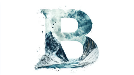 The text "B" is designed to resemble a mountain with a river flowing through the middle, creating a captivating illusion on a clean white backgroundの素材