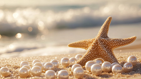 A close-up of a starfish resting beside white pearls on a sandy beach, with the ocean in the background. The tranquil setting highlights themes of relaxation and coastal charm.の素材
