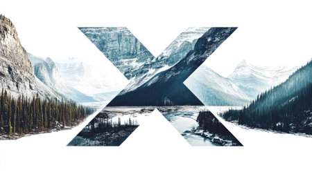 The letter "X" appears as a mountain with a flowing river cutting through its center, creating an illusion of a natural landscape, all set against a clean white background.の素材