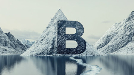 The text "B" is designed to resemble a mountain with a river flowing through the middle, creating a captivating illusion on a clean white backgroundの素材