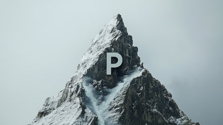 The text "P" is designed as a towering mountain with a river meandering through its center, giving the impression of an optical illusion on a white backdrop.の素材