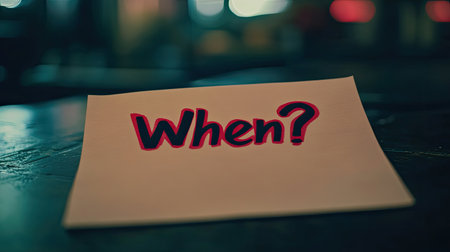 A close-up of a red question mark "When?" on a piece of paper lying on a table. The minimalist design and bold text highlight the importance of timingの素材