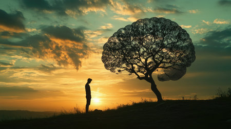A man silhouette tending to a brain-shaped tree, representing the cultivation of wisdom, education, and personal development. The scene captures the essence of intellectual growth and mental well-being.の素材