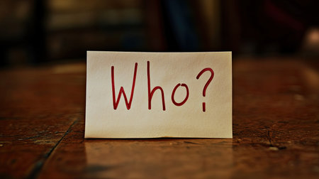 A close-up of a paper note with the question "Who?" written in red, sitting on a table. The image raises questions of identity, responsibility, and decision-making, perfect for communication themes.の素材