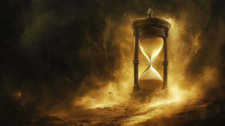 A detailed fantasy illustration of an hourglass, with enchanted sand slowly flowing. The image symbolizes the fluidity of time and is perfect for themes of history, future, or magic.の素材