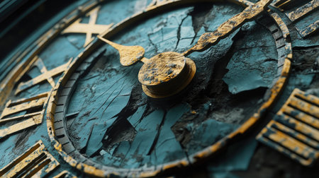 A cracked alarm clock face with time slipping away, representing the unstoppable flow of time into eternity. The scene evokes thoughtsの素材