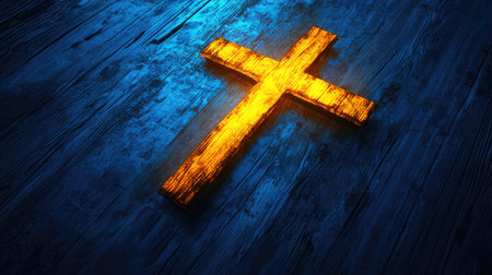 A glowing golden cross on a wooden surface, set against a deep blue background, representing the crucifixion of Jesus Christ and the hope it brings. The image is ideal for religious themes.の素材