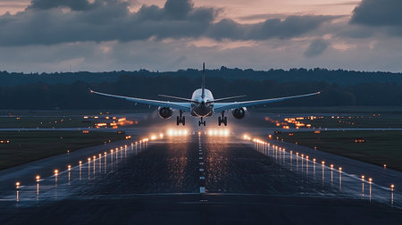 A commercial aircraft taking off from the runway during an evening flight, representing the moment of departure and the excitement of new possibilities. The scene is ideal for themes of travel and adventure.の素材