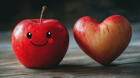 A close-up of a red apple with a cheerful face drawn on it, next to a realistic human heart organ, symbolizing the connection between healthy eating and heart health.の素材