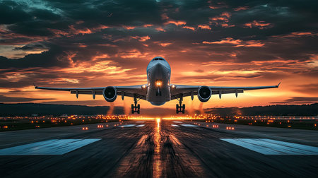 A commercial aircraft taking off from the runway during an evening flight, representing the moment of departure and the excitement of new possibilities. The scene is ideal for themes of travel and adventure.の素材
