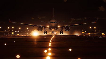 A front-view shot of an airplane lifting off the ground at night, with lights glowing on the runway. The image conveys the excitement of travel, the power of aviation, and the start of a new adventure.の素材