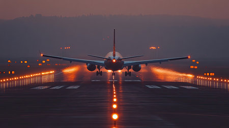 A commercial aircraft taking off from the runway during an evening flight, representing the moment of departure and the excitement of new possibilities. The scene is ideal for themes of travel and adventure.の素材