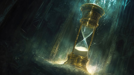 A detailed fantasy illustration of an hourglass, with enchanted sand slowly flowing. The image symbolizes the fluidity of time and is perfect for themes of history, future, or magic.の素材