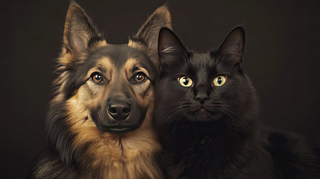 A friendly Icelandic Sheepdog and a relaxed black cat posing side by side in a close-up studio shot, capturing the bond between these two loving animal companions.の素材