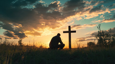 A man silhouette kneeling beside a wooden cross in a meadow during a beautiful sunset, embodying themes of Christian faith, repentance, and the hope for forgiveness and salvation.の素材