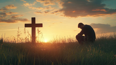 A silhouette of a man kneeling in prayer near a wooden cross on a grassy field at sunset, symbolizing faith, repentance, and the hope of salvation in Jesus Christ.の素材