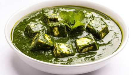 A dish of Palak Paneer, beautifully arranged with vibrant green spinach and soft paneer cubes, placed on a white background. The rich colors and textures make it a feast for the eyes.の素材