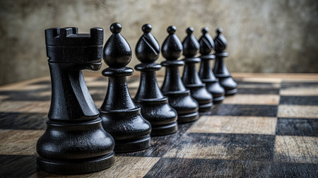 A row of black chess pieces on an aged wooden chessboard, highlighting the timeless nature of the game. The image is perfect for themes of strategy, competition, and intellectual challenge.の素材