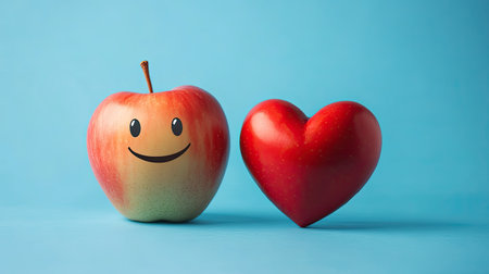 A happy-faced apple beside a realistic human heart on a blue background, highlighting the link between good nutrition and heart health in a playful yet informative way.の素材